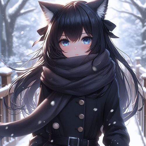 The image is a digital artwork of an anime-style female character with cat ears, wearing a black coat and scarf, standing in a snowy setting with a bridge in the background.  (Captioned by AI)