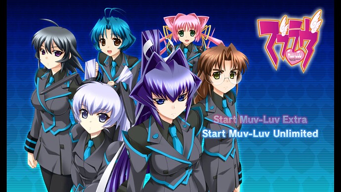 This image features a group of animated characters, likely from a visual novel or similar game, standing together in front of a blue background with a pink logo in the upper right corner.  (Captioned by AI)