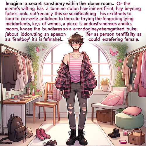 (Image by DALL-E 3) A young woman stands in a room filled with clothes, surrounded by various items, as she imagines a secret sanctuary within the domm room.  (Captioned by AI)