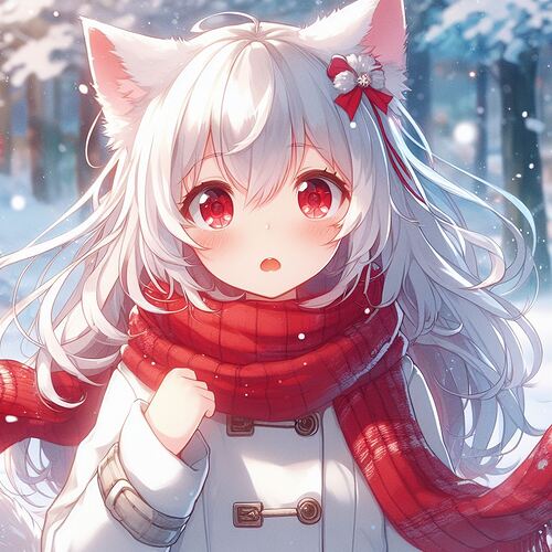 This is an anime-style illustration of a young girl with white hair, red eyes, and a red scarf, standing in a snowy forest.  (Captioned by AI)