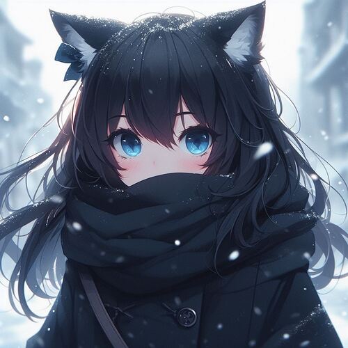 An animated girl with blue eyes, wearing a black scarf, stands in a snowy city street.  (Captioned by AI)