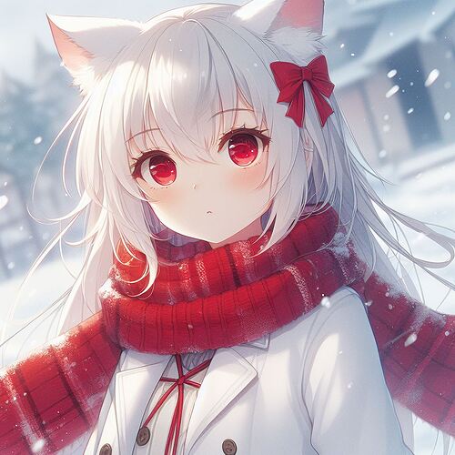 A cute anime-style girl with white hair, red eyes, and a red scarf.  (Captioned by AI)