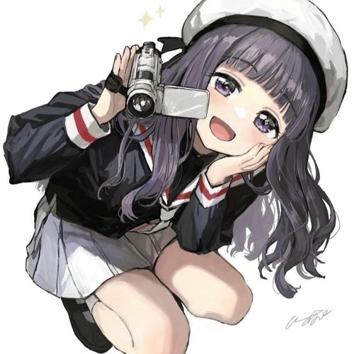 An anime-style girl with purple hair is holding a camera and smiling.  (Captioned by AI)