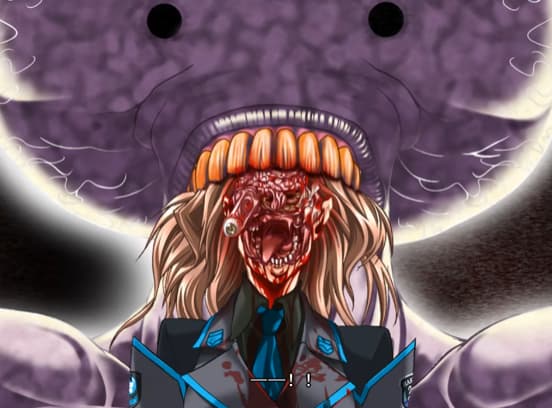 The image depicts an animated character with a monstrous, bloody face and a large, purple, tentacle-like creature in the background.  (Captioned by AI)